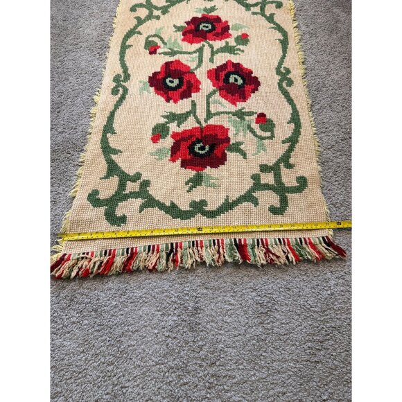 Vtg Floral Poppy Design Woven Textile Tapestry Rug Carpet Handmade 40" x 23" - Picture 4 of 4